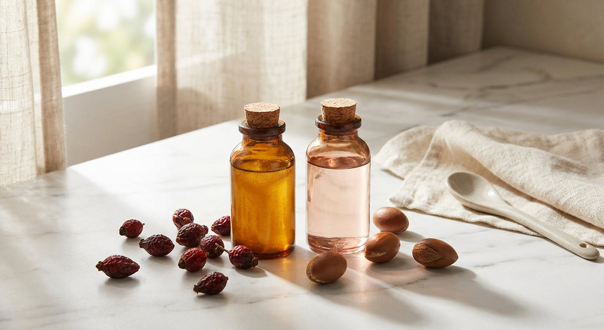 Two amber glass vessels of golden argan oil and pale rosehip seed oil resting on white marble, surrounded by dried rosehips and argan nuts in soft natural light.