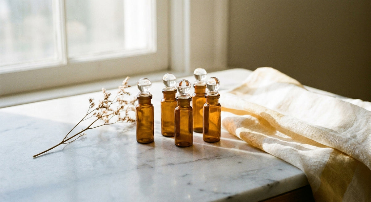 A collection of small amber fragrance discovery vials arranged on a marble surface with a dried botanical sprig and folded linen cloth in soft natural light.