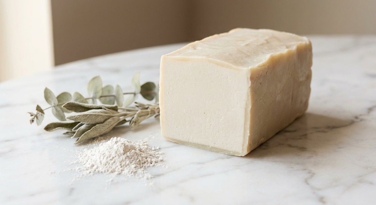 An artisan cold-process soap bar with a matte kaolin clay finish rests on white marble alongside a dusting of fine white clay powder and dried botanicals in soft natural light.